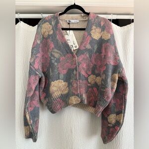 Zara Pink and Gray Cardigan Sweater with Floral Design